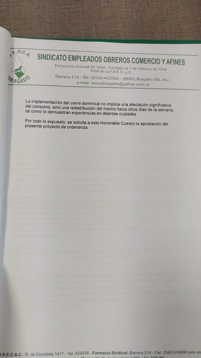 SEOCA presentó en el Concejo el proyecto para cerrar comercios los domingos