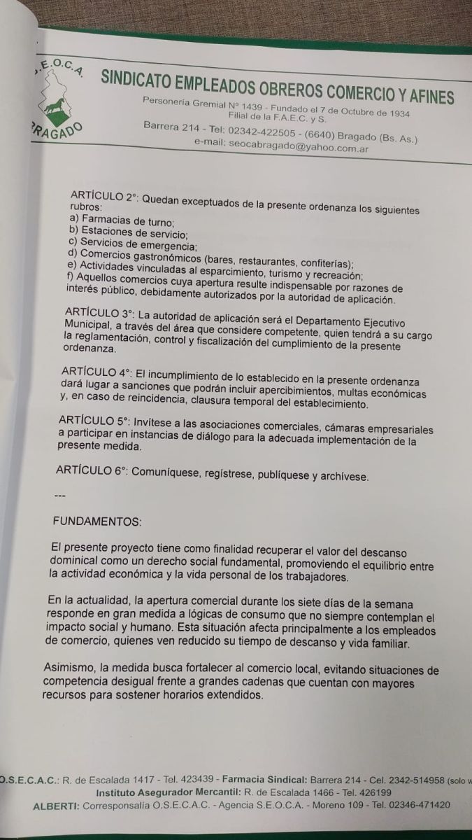 SEOCA presentó en el Concejo el proyecto para cerrar comercios los domingos