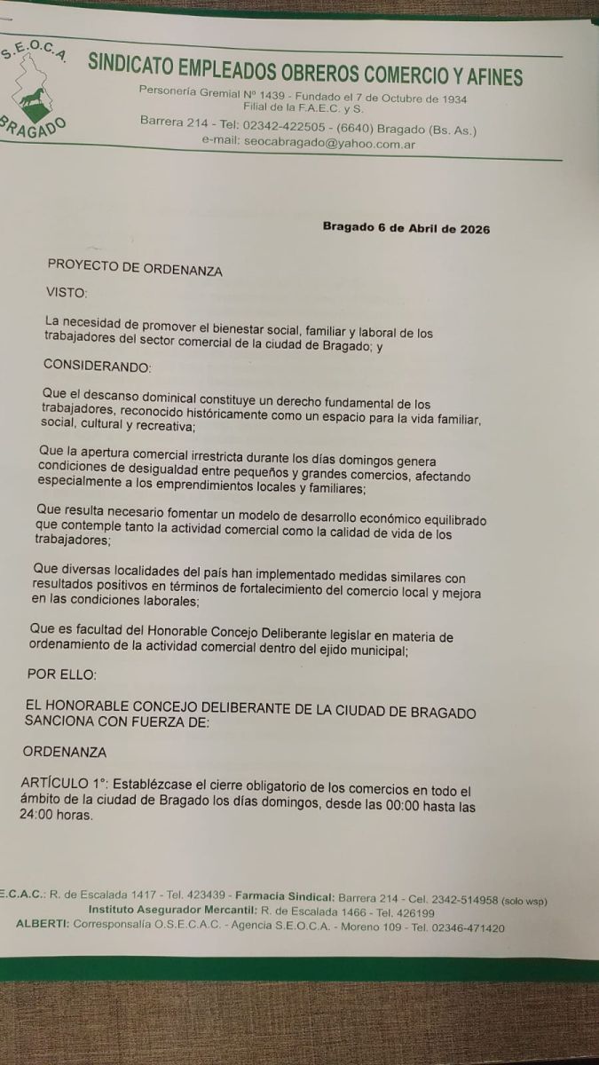 SEOCA presentó en el Concejo el proyecto para cerrar comercios los domingos